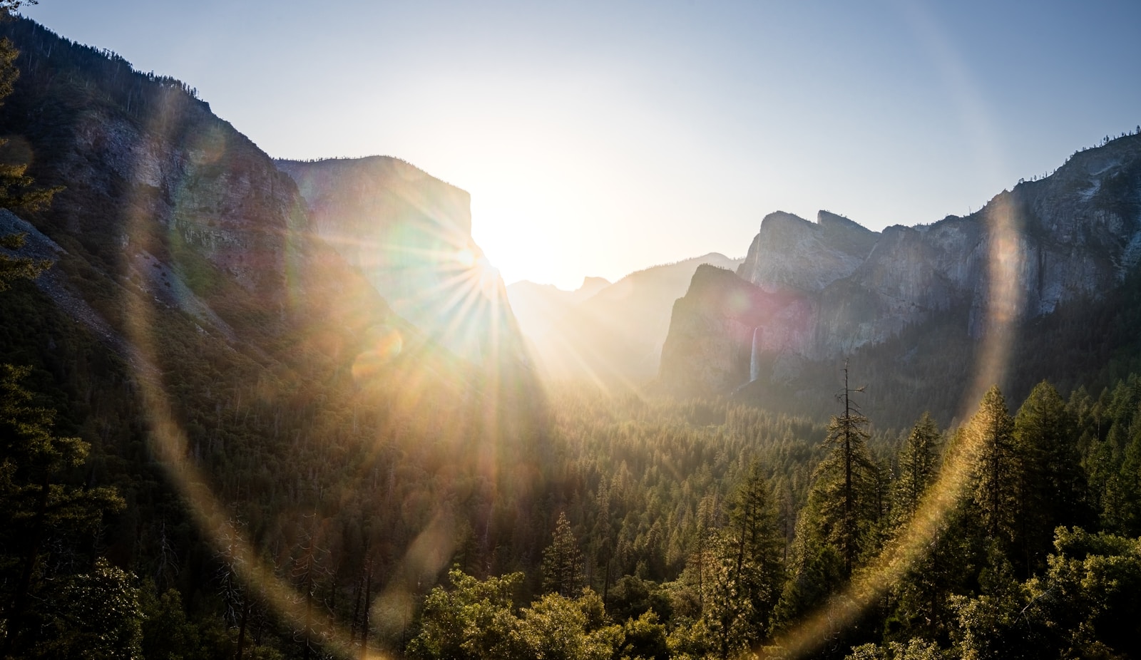 Low sun with lens flare over a forested valley and granite cliffs in Yosemite